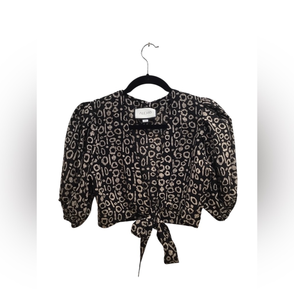 Alexis Black & Cream Printed Tie-Front Puff Sleeve Blouse SKU: 200955-16